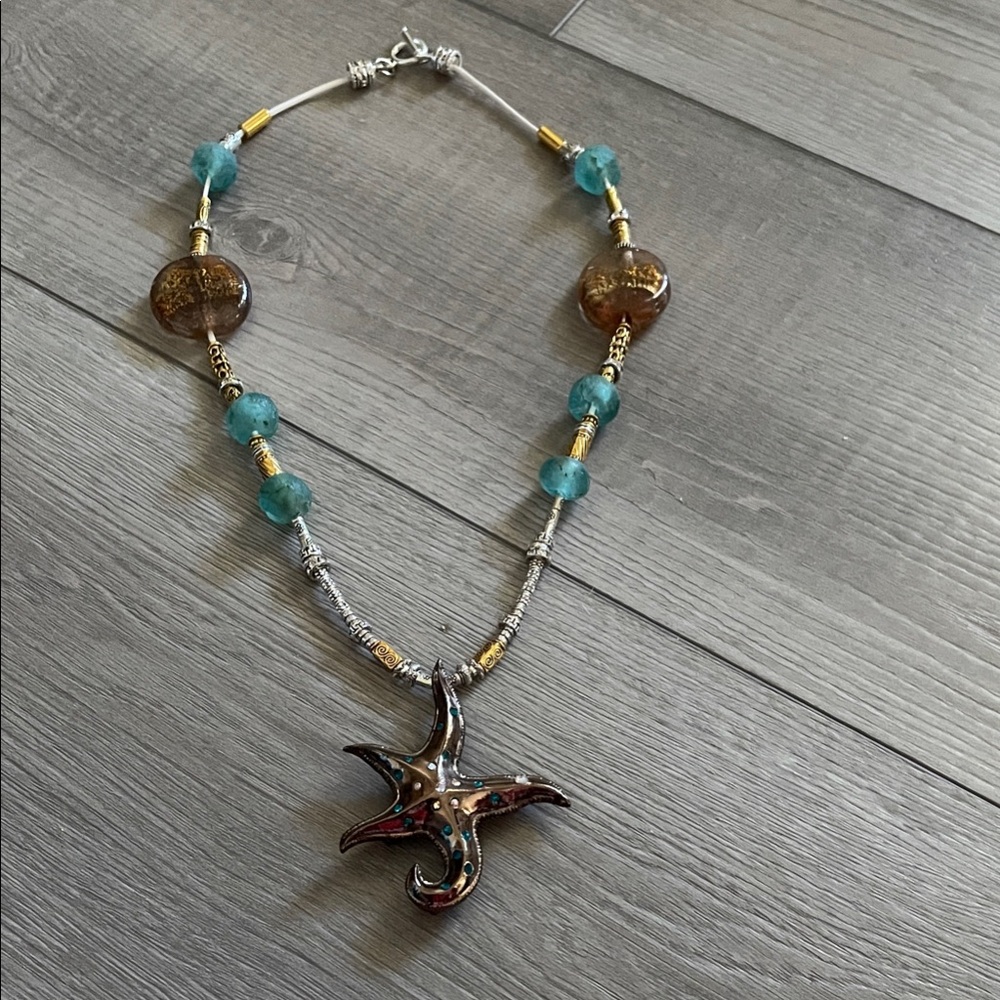 Artisan Starfish Necklace with Sea Glass and Amber Beads